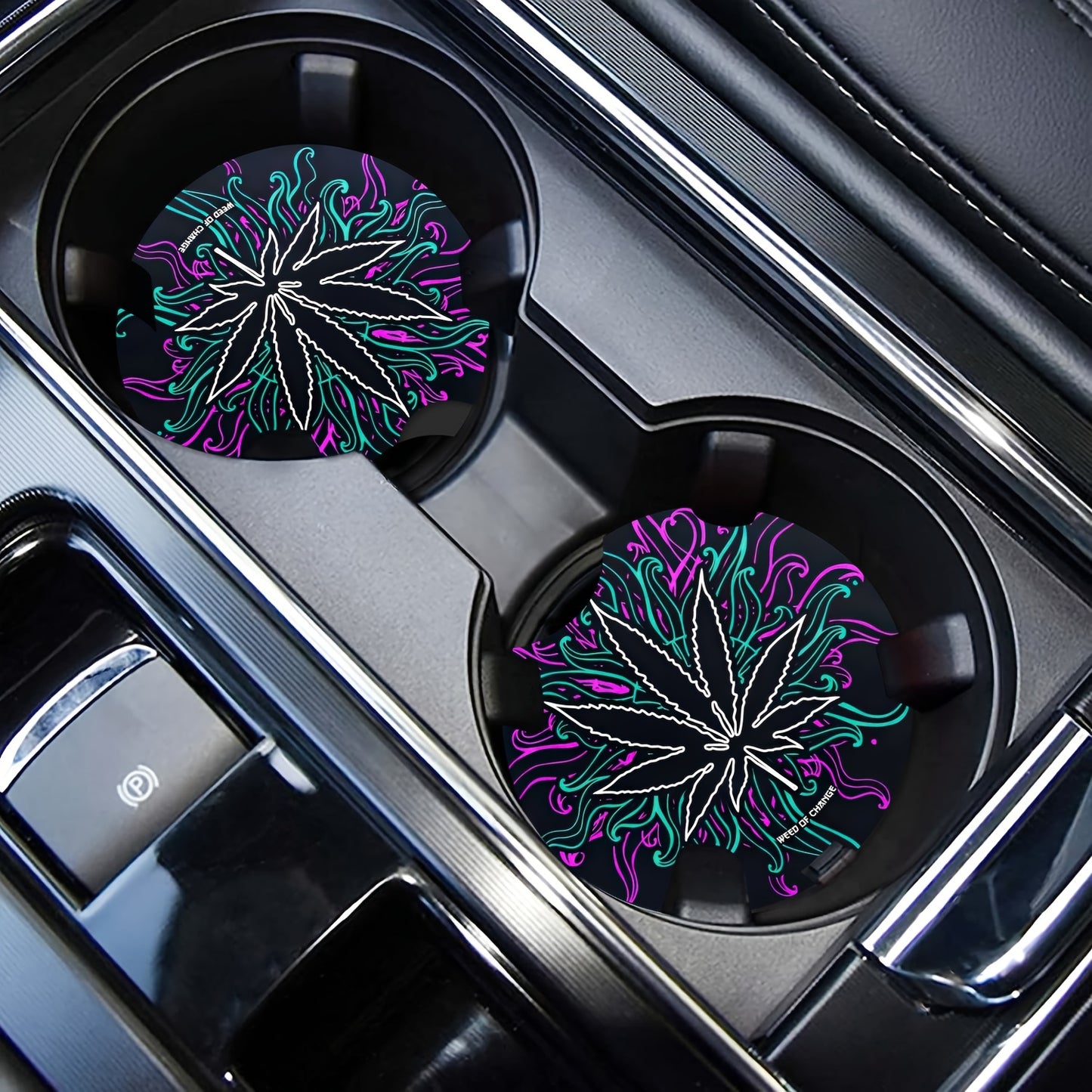 Dark Leaves Weed Culture Art Car Coasters For Drinks 2pcs, Perfect Car Accessories With Absorbent Coasters.Car Coaster Measures With Rubber Backing
