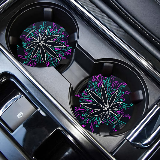 Dark Leaves Weed Culture Art Car Coasters For Drinks 2pcs, Perfect Car Accessories With Absorbent Coasters.Car Coaster Measures With Rubber Backing