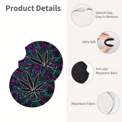 Dark Leaves Weed Culture Art Car Coasters For Drinks 2pcs, Perfect Car Accessories With Absorbent Coasters.Car Coaster Measures With Rubber Backing