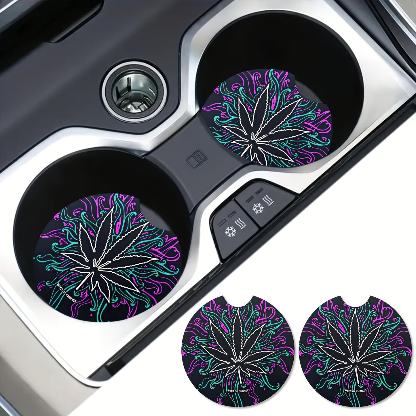 Dark Leaves Weed Culture Art Car Coasters For Drinks 2pcs, Perfect Car Accessories With Absorbent Coasters.Car Coaster Measures With Rubber Backing