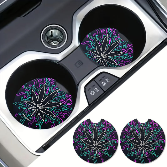 Dark Leaves Weed Culture Art Car Coasters For Drinks 2pcs, Perfect Car Accessories With Absorbent Coasters.Car Coaster Measures With Rubber Backing