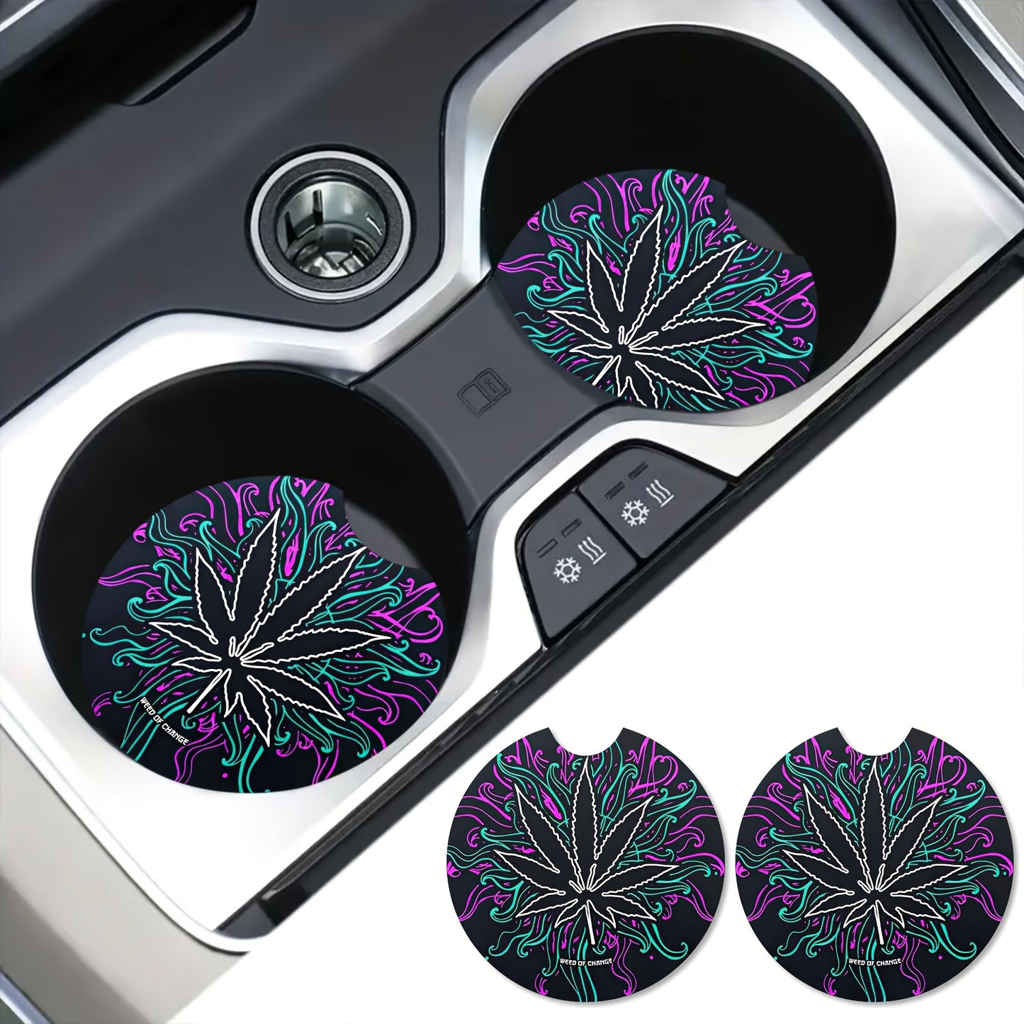 Dark Leaves Weed Culture Art Car Coasters For Drinks 2pcs, Perfect Car Accessories With Absorbent Coasters.Car Coaster Measures With Rubber Backing