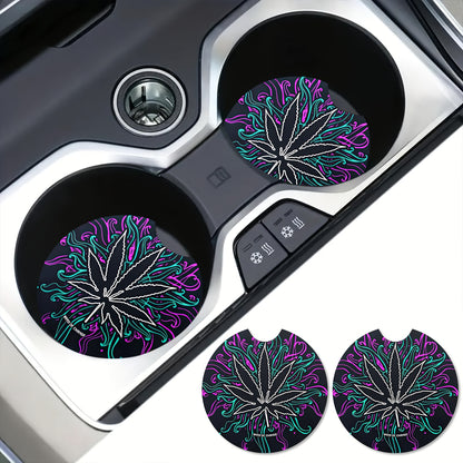 Dark Leaves Weed Culture Art Car Coasters For Drinks 2pcs, Perfect Car Accessories With Absorbent Coasters.Car Coaster Measures With Rubber Backing