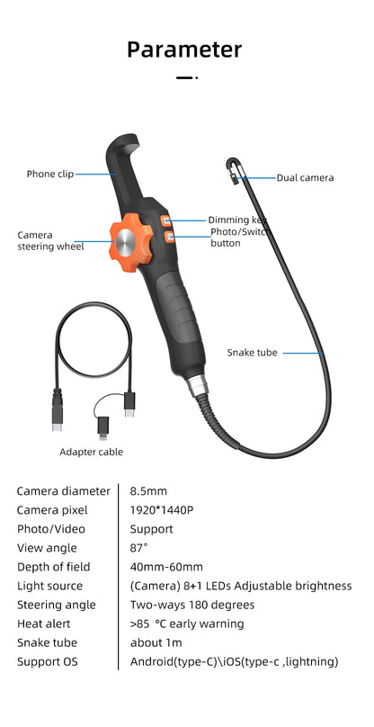 Dodosee 360° Two-Way Type-C Articulating Endoscope HD Camera