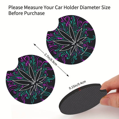 Dark Leaves Weed Culture Art Car Coasters For Drinks 2pcs, Perfect Car Accessories With Absorbent Coasters.Car Coaster Measures With Rubber Backing