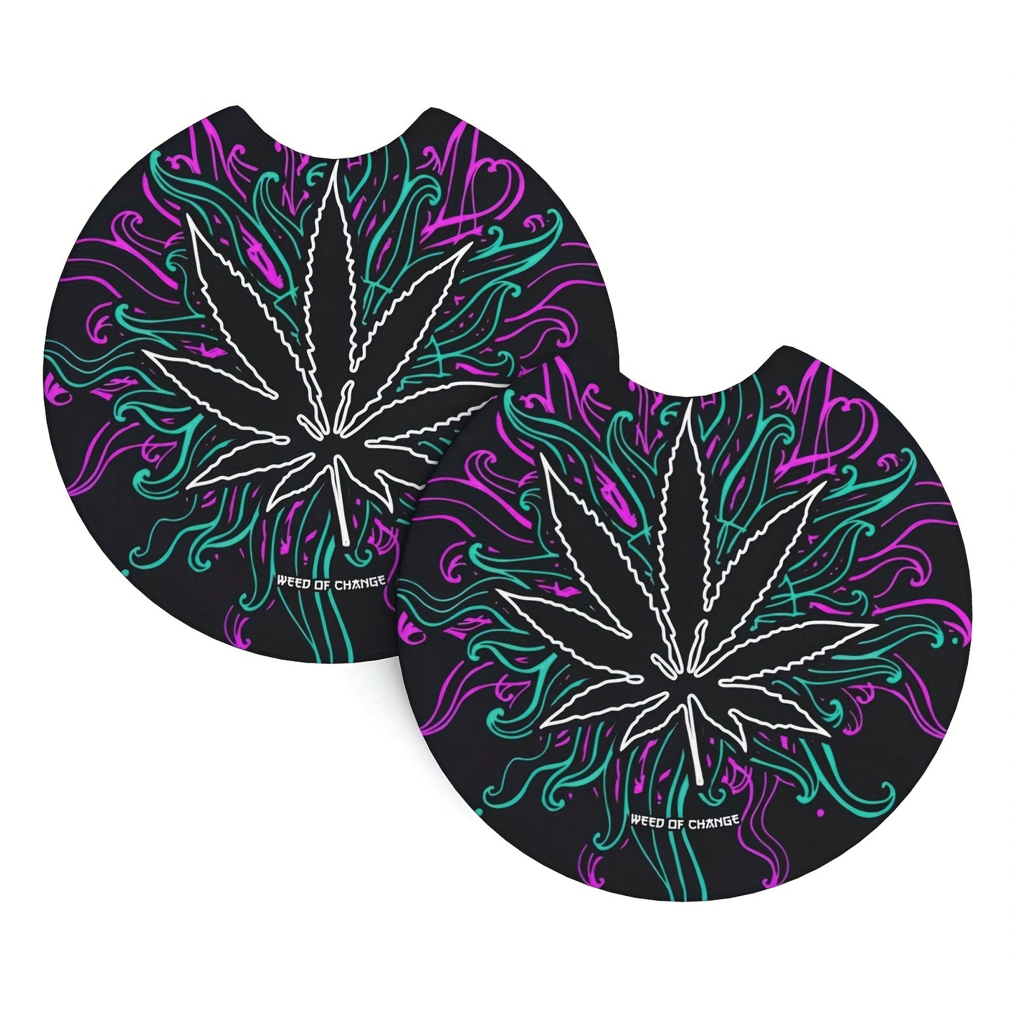 Dark Leaves Weed Culture Art Car Coasters For Drinks 2pcs, Perfect Car Accessories With Absorbent Coasters.Car Coaster Measures With Rubber Backing