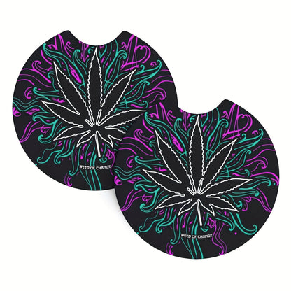 Dark Leaves Weed Culture Art Car Coasters For Drinks 2pcs, Perfect Car Accessories With Absorbent Coasters.Car Coaster Measures With Rubber Backing