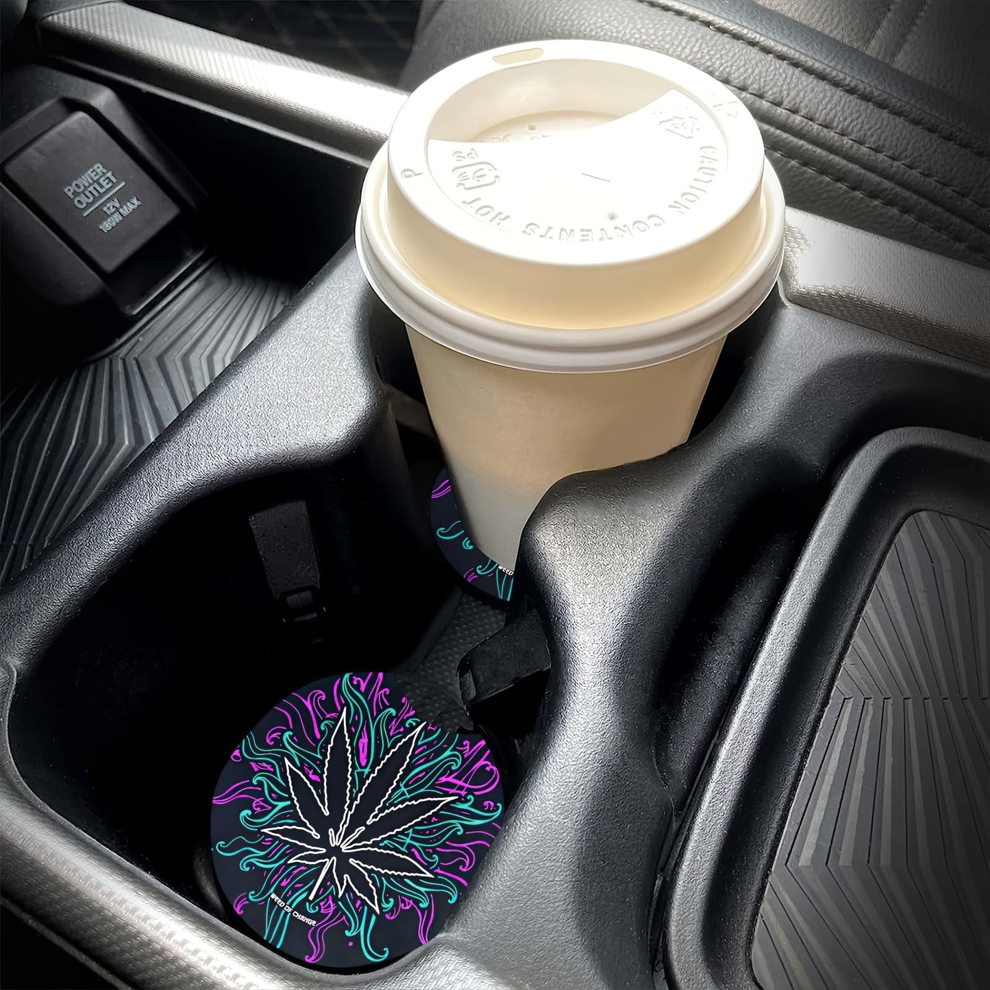 Dark Leaves Weed Culture Art Car Coasters For Drinks 2pcs, Perfect Car Accessories With Absorbent Coasters.Car Coaster Measures With Rubber Backing