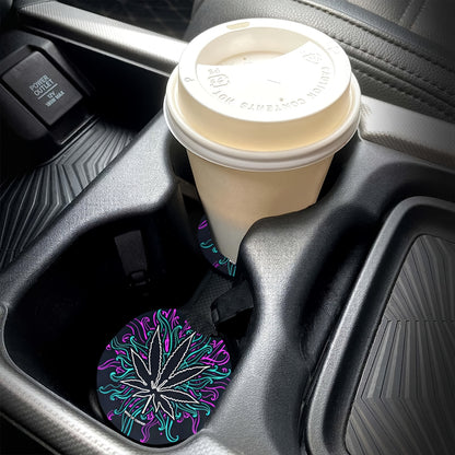 Dark Leaves Weed Culture Art Car Coasters For Drinks 2pcs, Perfect Car Accessories With Absorbent Coasters.Car Coaster Measures With Rubber Backing